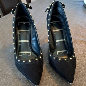 Sexy Elle Black Suede Pointed-Toe Pumps with Gold Stud Accents and Bow 🔥